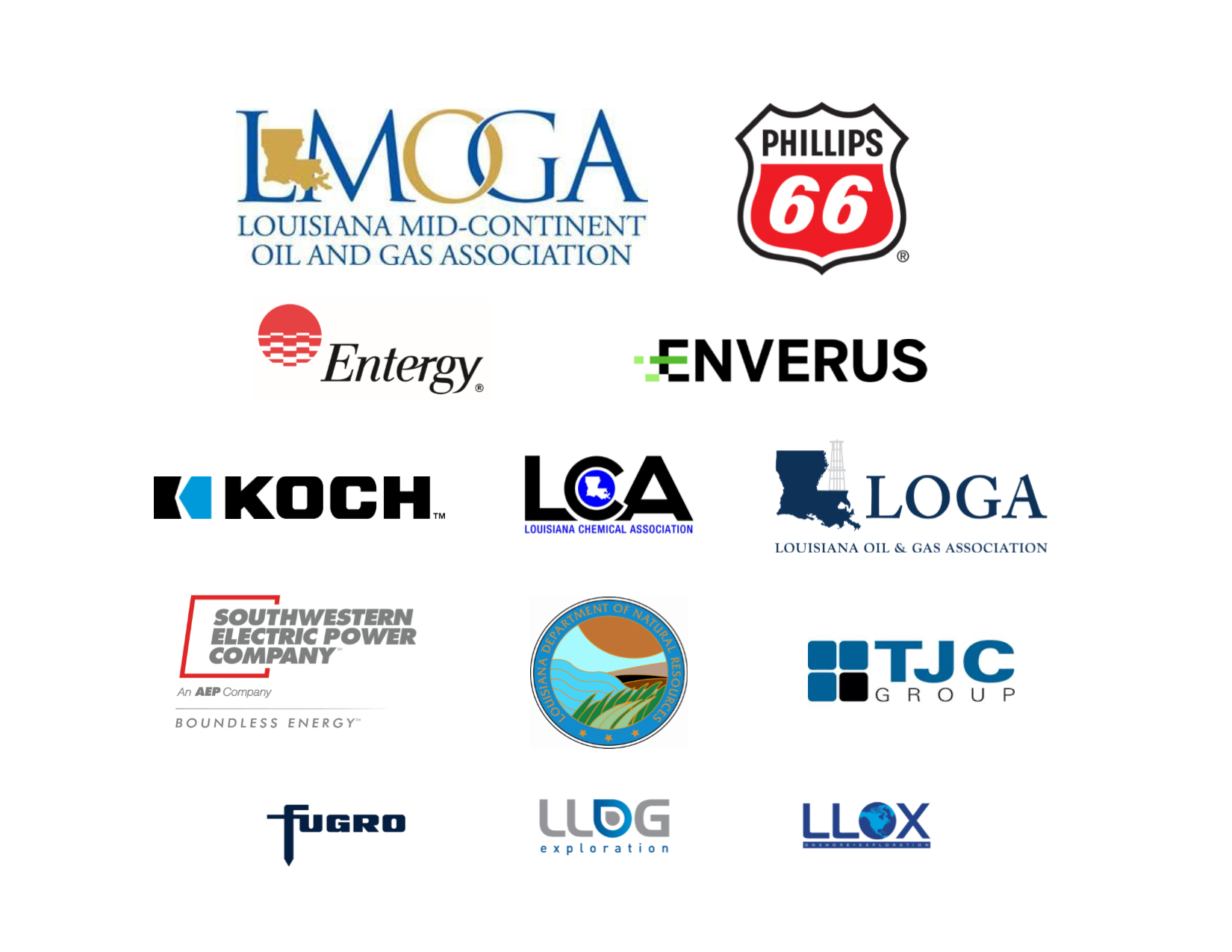 sponsor logos sponsor logos for LMOGA, Phillips 66, Entergy, Enverus, Koch, LCA, LOGA, SWEPCO, La. DNR, TJC Group, Fugro, LLOG, LLOX