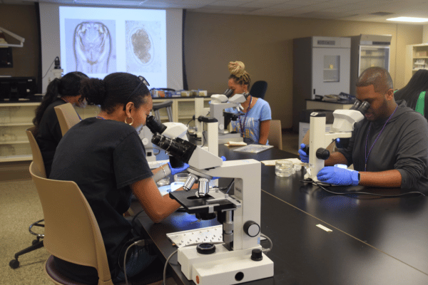 Students looking at parasites under microscopes